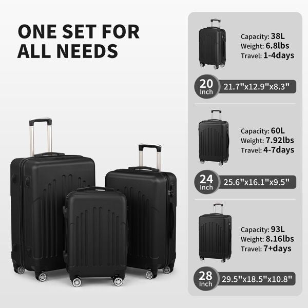Luggage Set of 3, ABS+PC Hardside Suitcase Sets with TSA Lock 4 Spinner Wheels, Lightweight Trolley Travel Case for Carry On Check-in Business Trip, 20 458711221